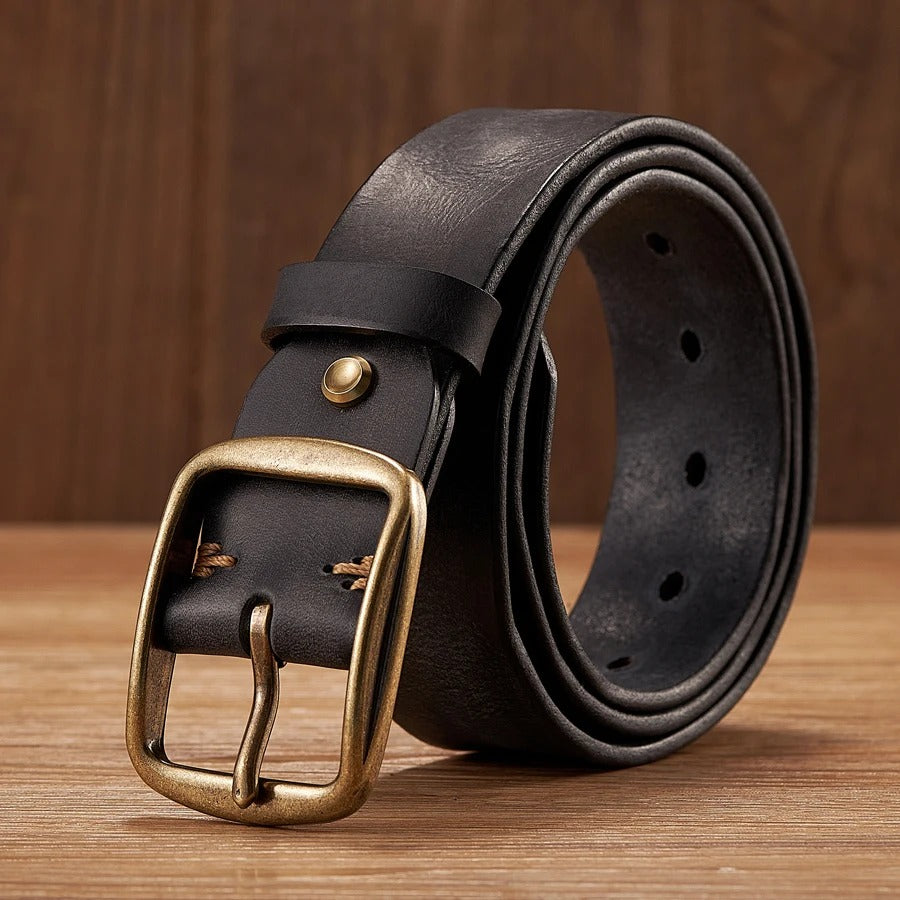 Elegant Thick Cowhide Leather Casual Jeans Belt - Black