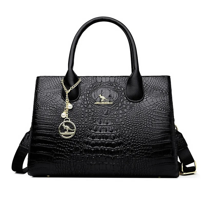 Luxury Crocodile Embossed Leather Tote Bag - Black